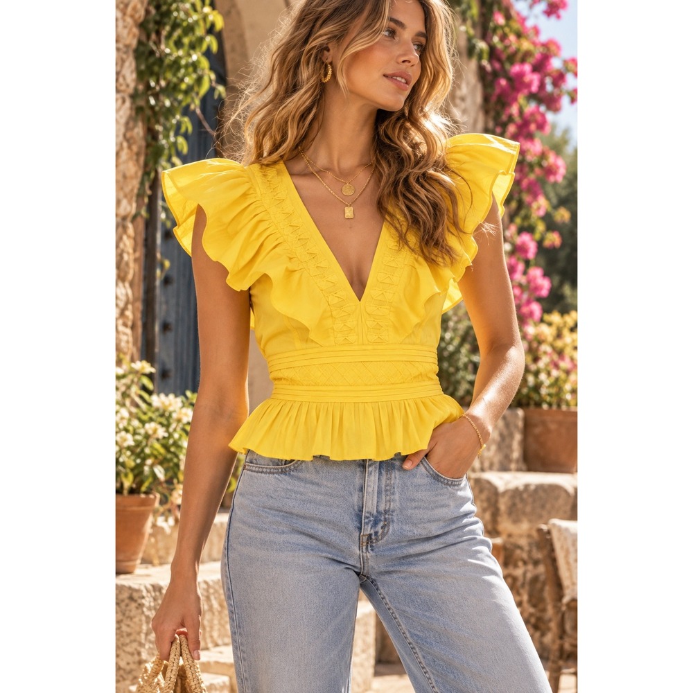 Ramy Brook Maximalist Emilia‎ Yellow Peplum Ruffle Flutter Sleeve Top XS